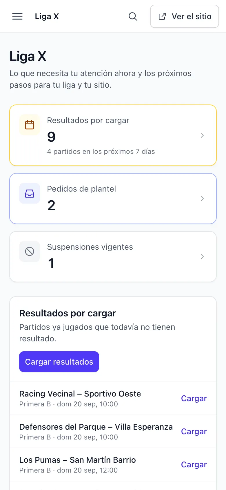 The admin's home on a phone: results to enter, squad requests and active suspensions