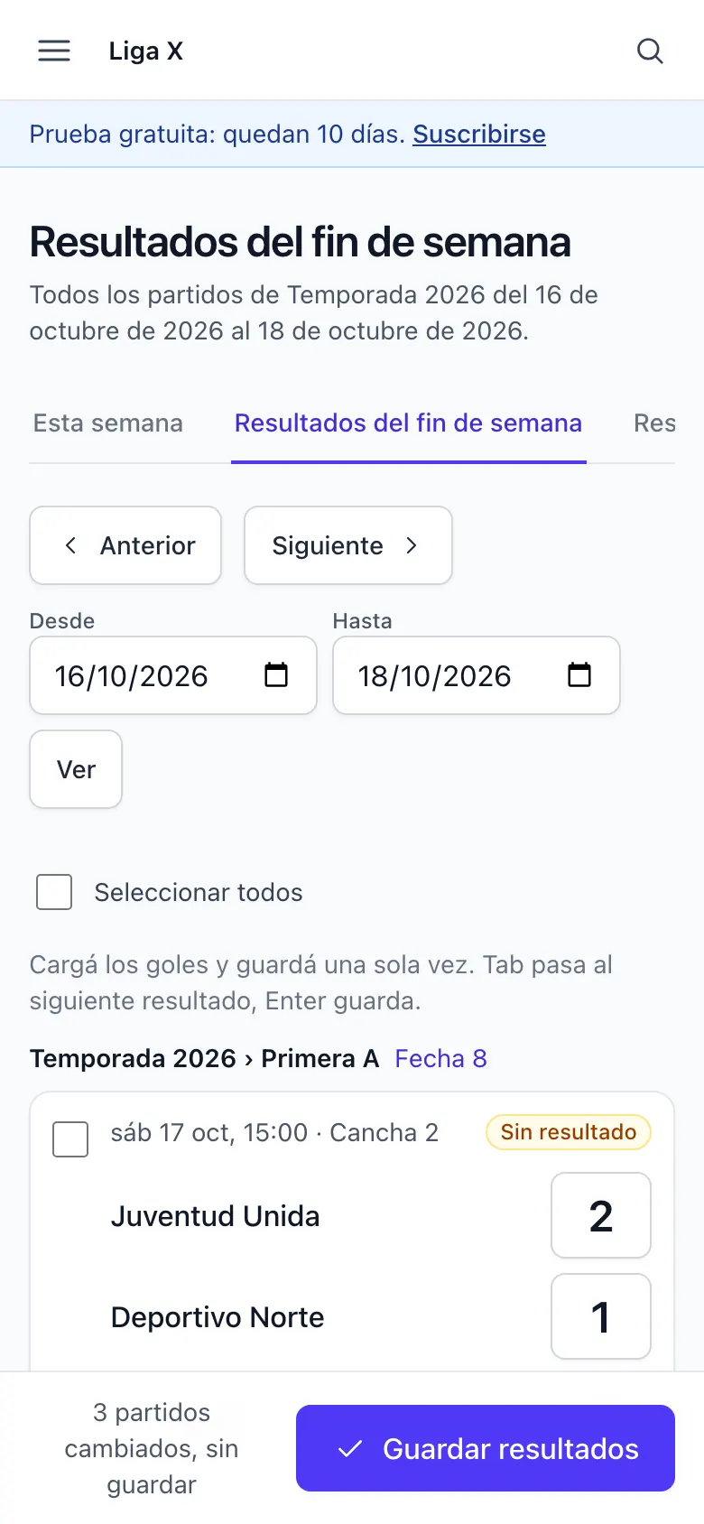 The admin on a phone: a weekend's matches with a score box per team and a Save results button