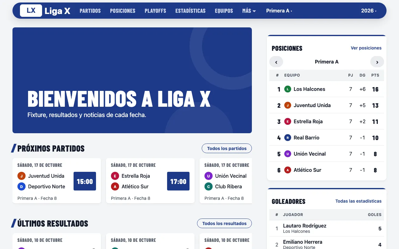 A demo league's public website on a laptop: the standings and top scorers beside the upcoming matches