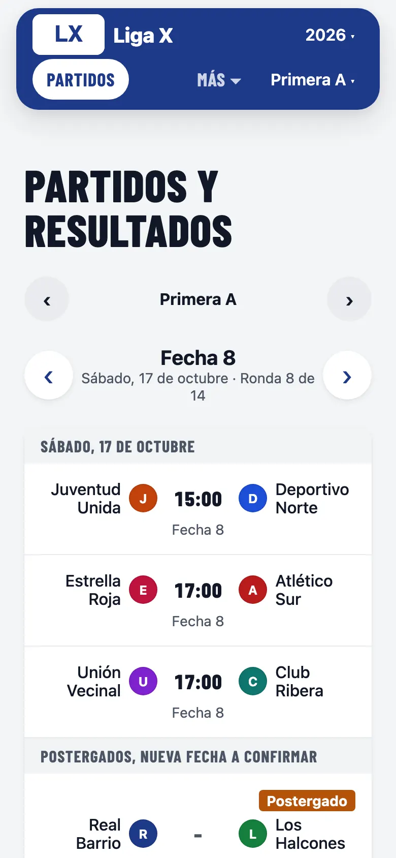 The same website on a phone: the league's welcome banner and upcoming matches