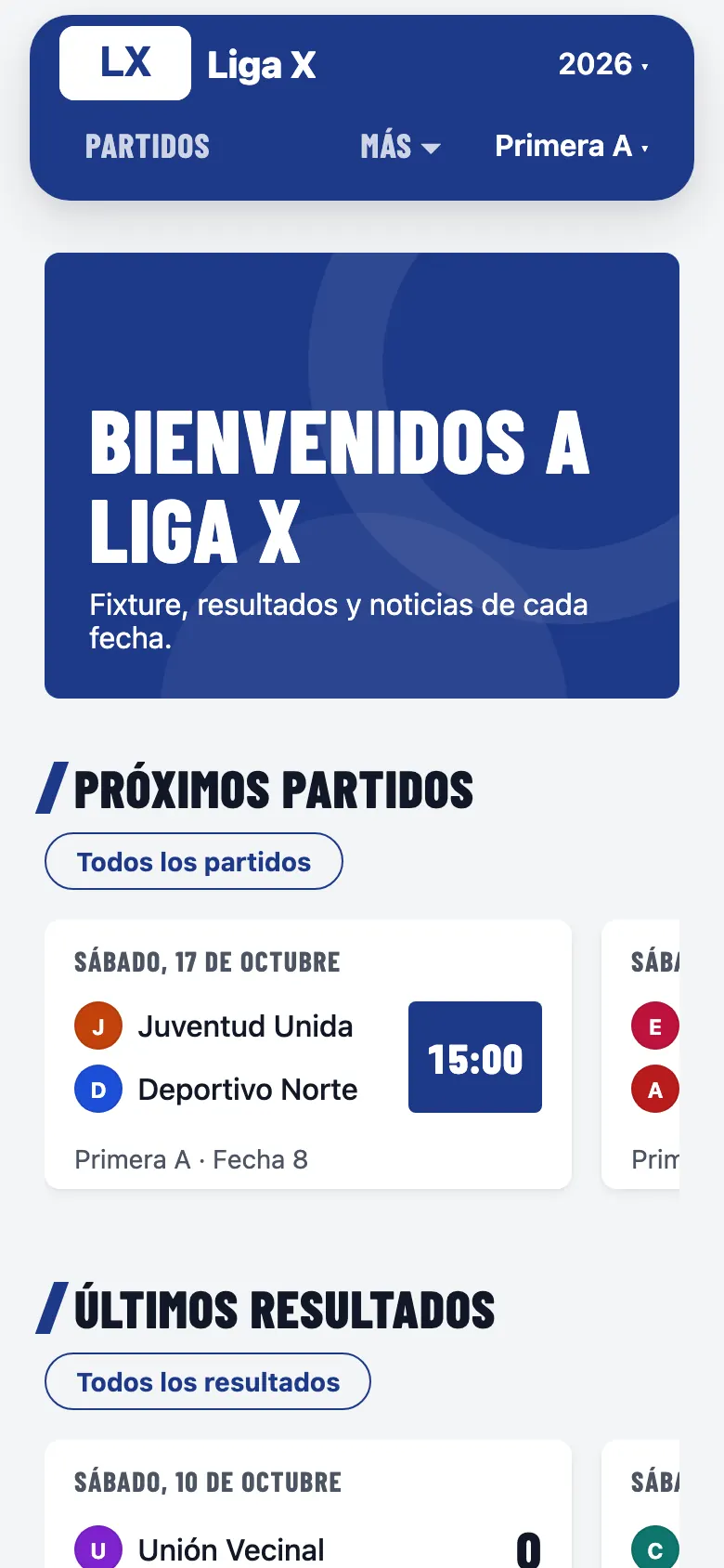 The same website on a phone: the league's welcome banner and upcoming matches